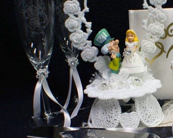 Alice in Wondeland Madhatter Wedding Theme your pick: Cake Topper or Glasses and Cake Knife and Server set . Groom top It&#39;s ABout Time