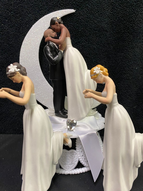 Bald African-American Groom Wedding Cake Topper PICK Caucasian Blond, Brown or Black Bride Interaical Mustache Facial Hair and his bride