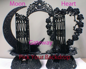 Design your Wedding Cake Topper Black or White Gateway Moon Heart Base Backdrop Halloween Ornament display top Groom bride Craft