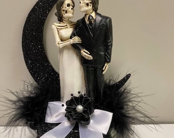 Day of the DEAD Halloween Wedding Cake Topper Funny Skeleton Bride Groom top fall Black Sexy, centerpiece cupcake table
