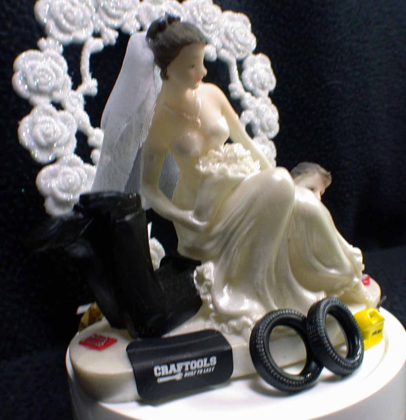 Car AUTO MECHANIC tools Wedding Cake Topper Bride & Groom top tire FUNNY Racing Time to go image 3