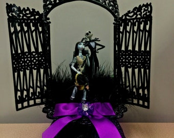 Jack & Sally gateway Nightmare before Christmas Wedding Cake topper Skeleton  Halloween Pick bow purple, white, gold, black funny Style 919