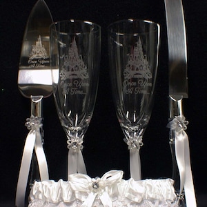 Fairytale Wedding lot Glasses Flute Cake Knife Server set Laser engrave Castle Once upon a Time