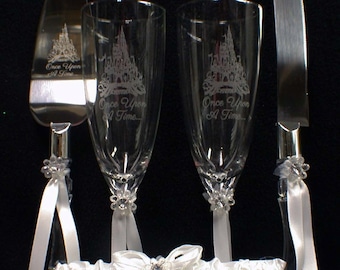 Fairytale Wedding lot Glasses Flute Cake Knife Server set Laser engrave Castle Once upon a Time