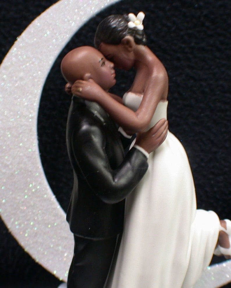 sexy Bald African-American Groom Wedding Cake Topper PICK Caucasian or Black Bride Interracial blond or brown hair image 4