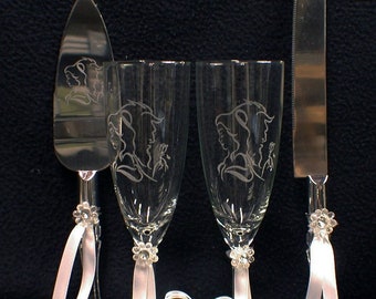 Belle Beauty and the Beast Wedding lot Glasses, knife, server,