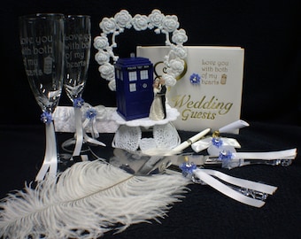 Wedding LOT Cake Topper w/ Dr. Who Doctor Tardis phone booth funny top Glasses, Knife , server, ( Book Sold OUT)