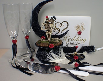 Day of the DEAD Halloween Wedding Cake Topper Funny LOT toasting glasses, knife & server set