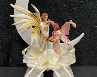 Romantic Fairy Lovers Wedding cake topper Groom topper. Engagement, Birthday Shower Nature gardening