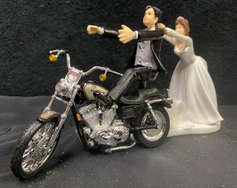 Motorcycle Wedding Cake Topper W/ Black and Gold Harley Bike Motorcycle Groom Top  Brown Hair Bride