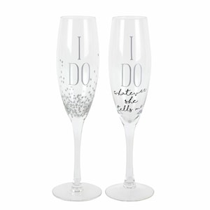 Our Name is Mud I Do Glittered Wedding Champagne Flute Set 8 Ounce Names can be added on back
