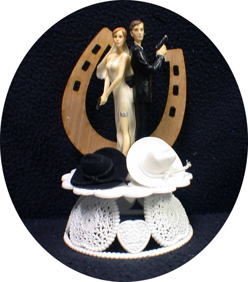 Mr and Mrs Guns, Country Western, Police, Soldier Cowboy hat Wedding Cake Topper Funny Groom top hunting Target shooting sexy image 1