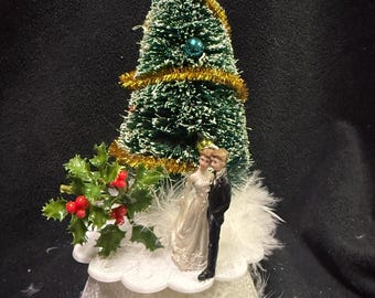Christmas Tree  winter wonderland Holiday Wedding Cake Topper. Snow flakes Snow. Groom top . Bride and Groom