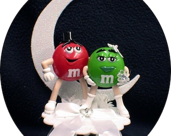Wedding Cake topper Or Glasses, knife or Book with Cute Mr Red and Mrs Green MM figure M&M candy funny