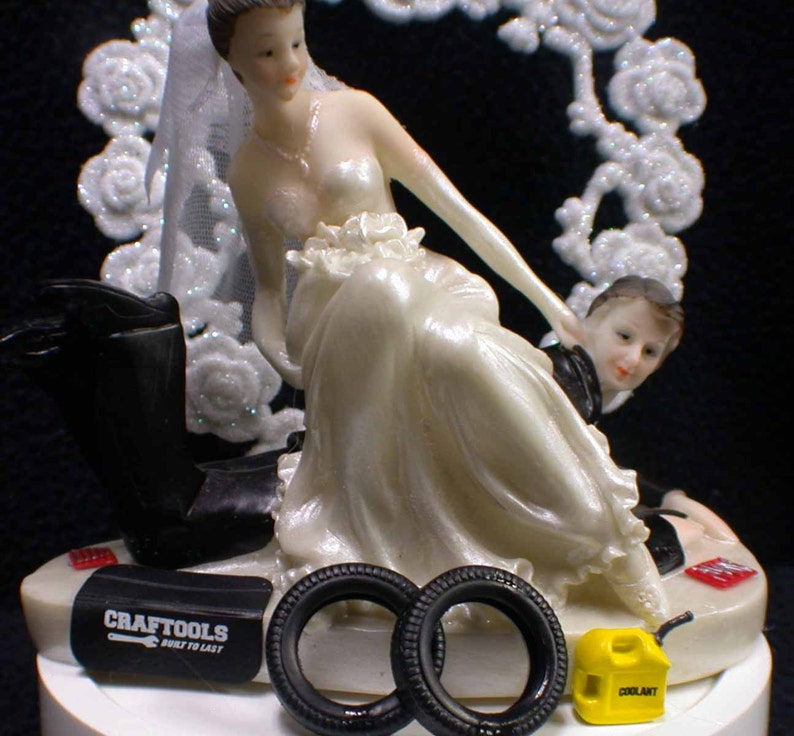 Car AUTO MECHANIC tools Wedding Cake Topper Bride & Groom top tire FUNNY Racing Time to go image 2