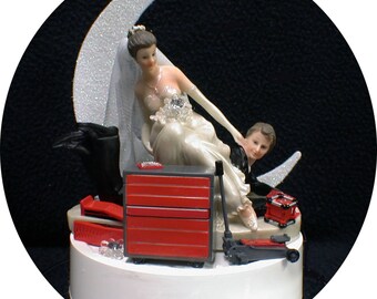 Car AUTO MECHANIC tools Wedding Cake Topper Bride & Groom Tool Box FUNNY Racing Groom top