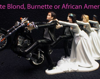 Motorcycle Wedding Cake Topper W/ Sexy Black Harley Davidson Funny Groom Top White Blond, Brown Hair Bride