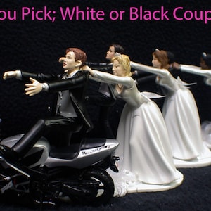 Motorcycle Wedding Cake Topper W/Silver Honda Bike Motorcycle Groom Top White Blond, Brown Hair Bride