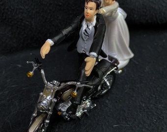Motorcycle Wedding Cake Topper W/ Sexy Black with Gold Harley Davidson Funny Groom Top Brown or Blonde hair bride