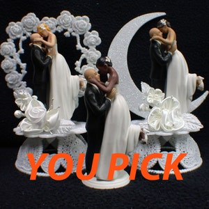 Bald Groom Wedding Cake Topper PICK Caucasian Blond, Brown hair or Black African-American Bride Interaical