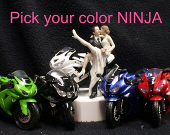 NINJA Kawasaki Green, white or blue . Yamaha Red Motorcycle Bike Wedding Cake Topper Sexy U Pick! "Ride with me FOREVER"  Racing track