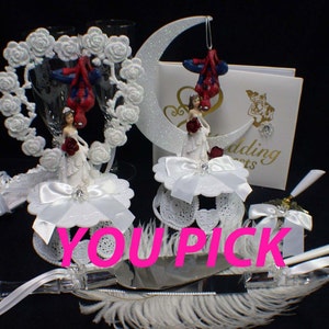 Spiderman Super Hero Wedding Theme U PICK Cake Topper or Glasses, Knife set or Guest Book Pen Holder