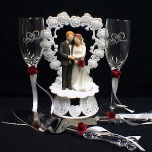 RED Wedding Gift LOT Heart to Heart Cake Topper, Toasting Glasses, Knife Server