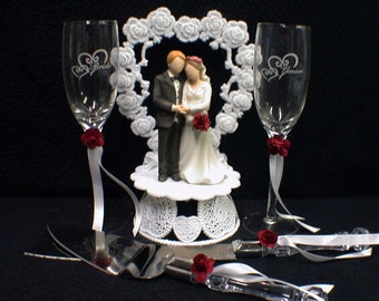 RED Wedding Gift LOT Heart to Heart Cake Topper, Toasting Glasses, Knife Server