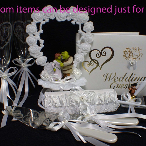 SHREK & FIONA Wedding Collection Cake Topper, Glasses, Knife Server Set. Dream Works (book sold out)