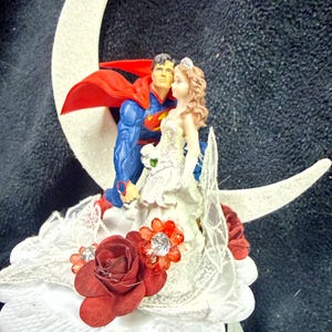 SUPERMAN with Bride Groom top  Wedding Cake topper. D C comic Super Hero fun