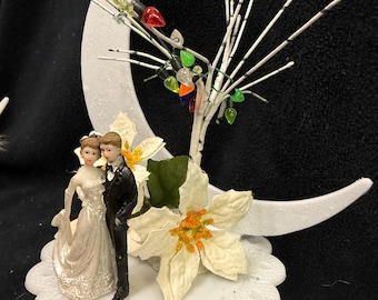 Winter white berch tree with faux lights Wedding Cake Topper Snow Christmas Groom top
