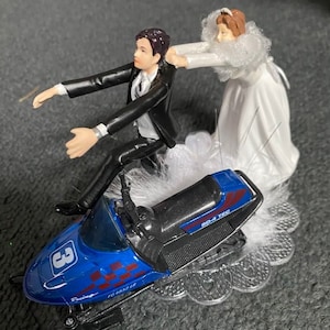 Winter Wonderland Sport SNOWMOBILE Wedding Cake Topper FUNNY ICE Snow Groom top Bride draging her groom image 5