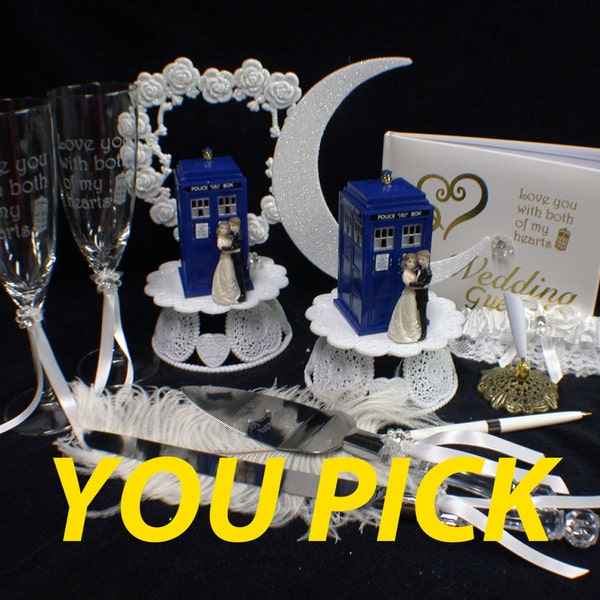 Funny Bride & Groom Wedding Cake Topper w/ DR. Who Doctor TARDIS phone booth groom  top