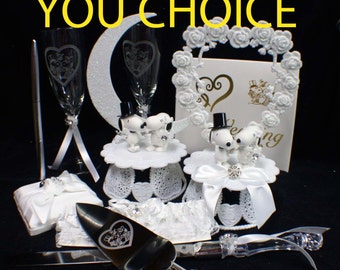 Snoopy Belle Dog Wedding Cake Topper Lot Glasses Knife Set