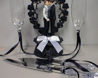 Black Tie Gay 2 Grooms Wedding Cake Topper Life Partner Knife Server set Glasses LOT