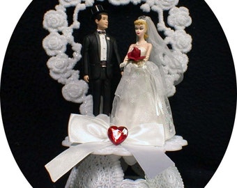 1950 STYLE Blond Hair Barbie Ken Wedding Cake Topper classic Bride groom