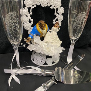 Belle Beauty and the Beast Wedding Cake Topper lot Toasting  Glasses, knife, server set