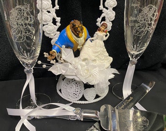 Belle Beauty and the Beast Wedding Cake Topper lot Toasting  Glasses, knife, server set