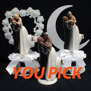 Bald African-American Groom Wedding Cake Topper PICK Caucasian Blond, Brown or Black Bride Interaical