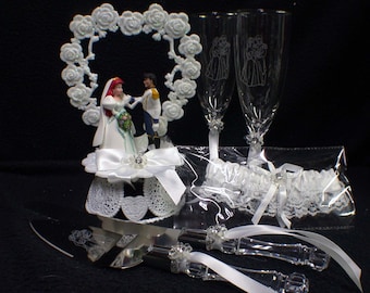 SALE 99 Dollars SPECIAL Eric and Little MERMAID Wedding Cake Topper lot Glasses, knife, server, garter Princess Arial Prince Eric gift
