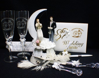 Fishing Fish LOT Wedding Cake topper Knife & Server Set  Toasting Glasses country Western