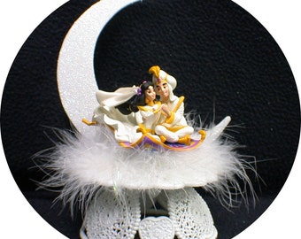 Flying Carpet RIDE Aladdin & Jasmin Romantic Wedding Cake Topper Princess fairytale top Glasses Knife Server, Or Book