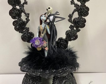 Jack & Sally Nightmare before Christmas Wedding Cake topper Skeleton Halloween Pick accent purple, red, orange or clear