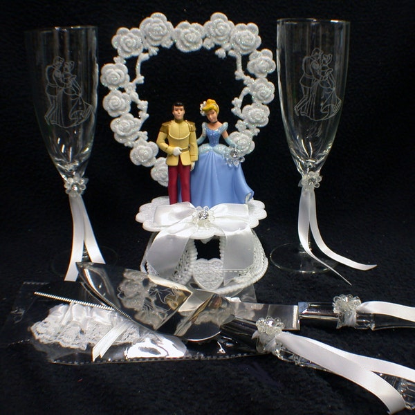 SPECIAL DEAL Cinderella Prince Charming Fariytale LOT set  Wedding Cake Topper, Glasses, Knife, Server, Garter