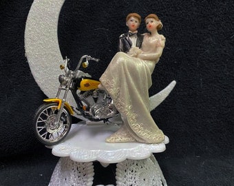 Moonlight w/ Harley Davidson Motorcycle Bike Wedding Cake Topper Groom Top Centerpiece Moonlight