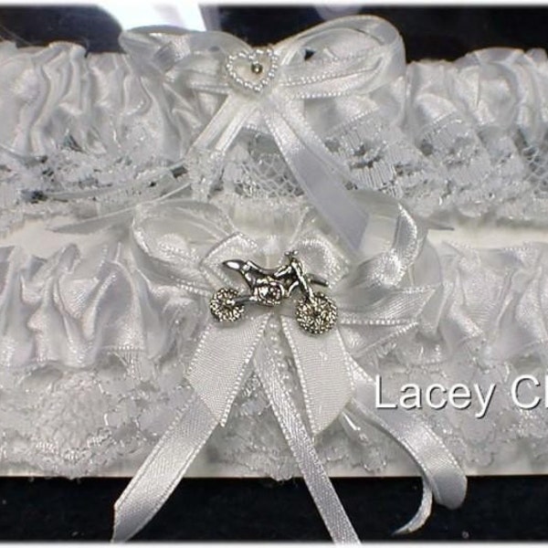 Dirt bike Motorcycle Theme Wedding 2 Bridal garters. One Keep, One Toss Off road, racing, Track Bike White or B;ack