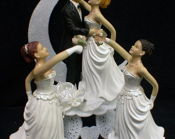 Mustache Groom, YOU PICK! Blond, Brunette or Red Hair Bride Wedding Cake topper