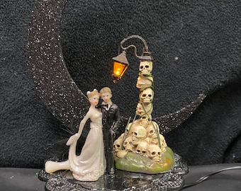 Lighted Skeleton skull Pole Halloween Wedding Cake Topper Bride funny Groom top, figure Scary Fall Black haunted Tree Funny