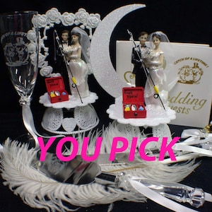 Fishing Theme Wedding Cake Topper Fisherman Pole Tackle Boxes Funny Fish Outdoor U Pick Top, Glasses, Knife