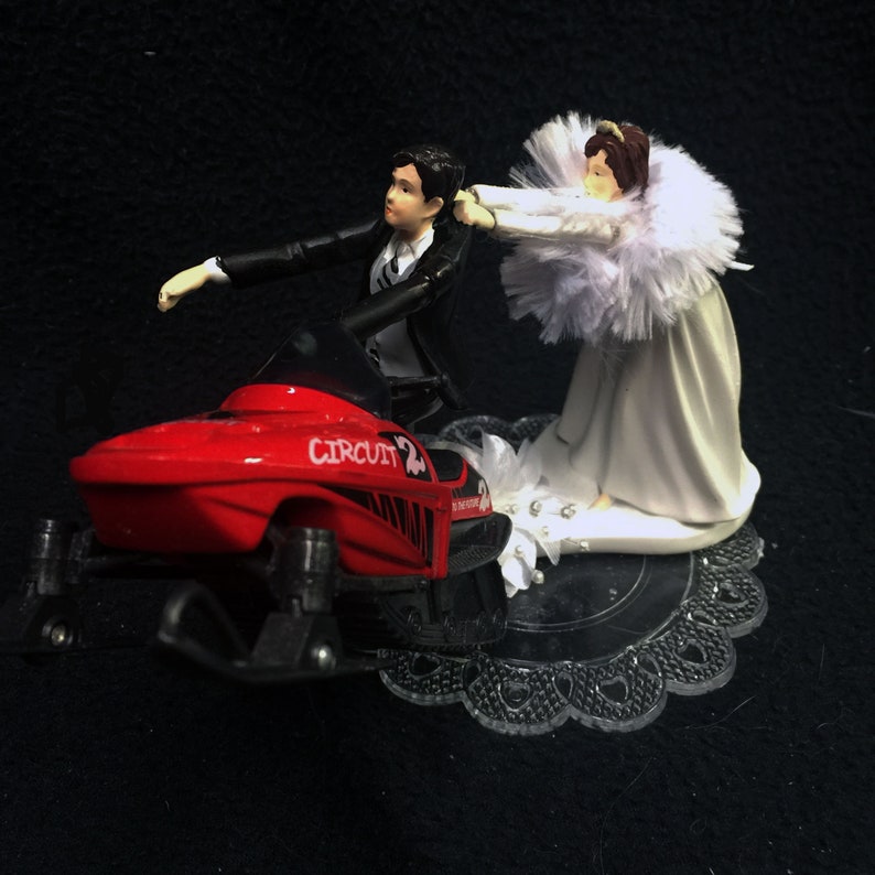 Winter Wonderland Sport SNOWMOBILE Wedding Cake Topper FUNNY ICE Snow Groom top Bride draging her groom image 1